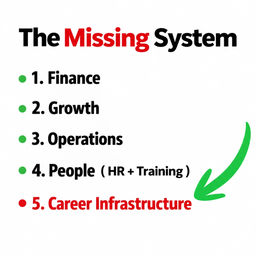 The Missing System: 1. Finance, 2. Growth, 3. Operations, 4. People (HR + Training), 5. Career Infrastructure